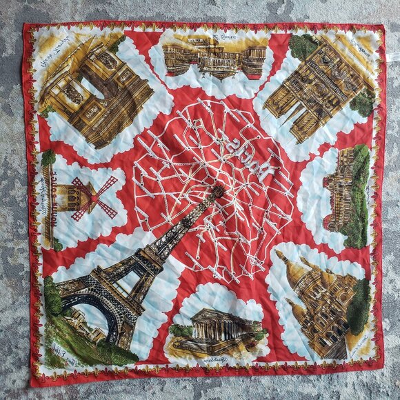 Vintage Red Gold Scarf Made in Italy Eiffel Tower Arc de Triumph Moulin Rouge - Picture 5 of 13
